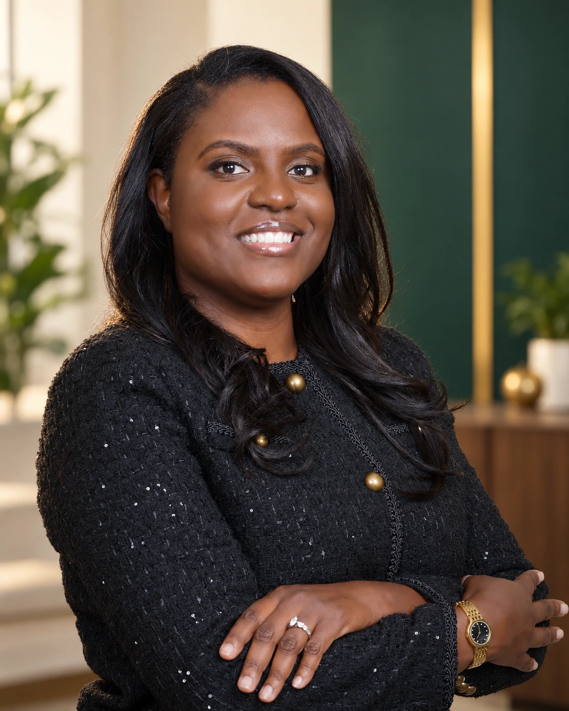 A&E Tax professional in a polished black business suit