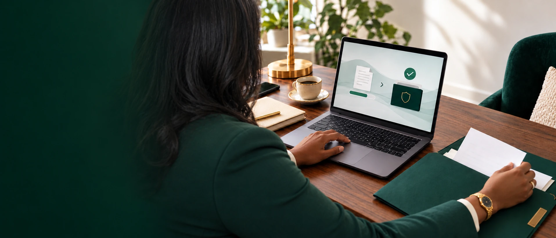 A&E Tax professional using a secure document portal at an organized walnut desk